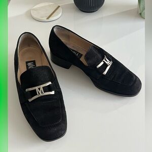 VINTAGE Macesa Black Leather Suede Loafers with Silver M Horesbit Womens 90s Y2K